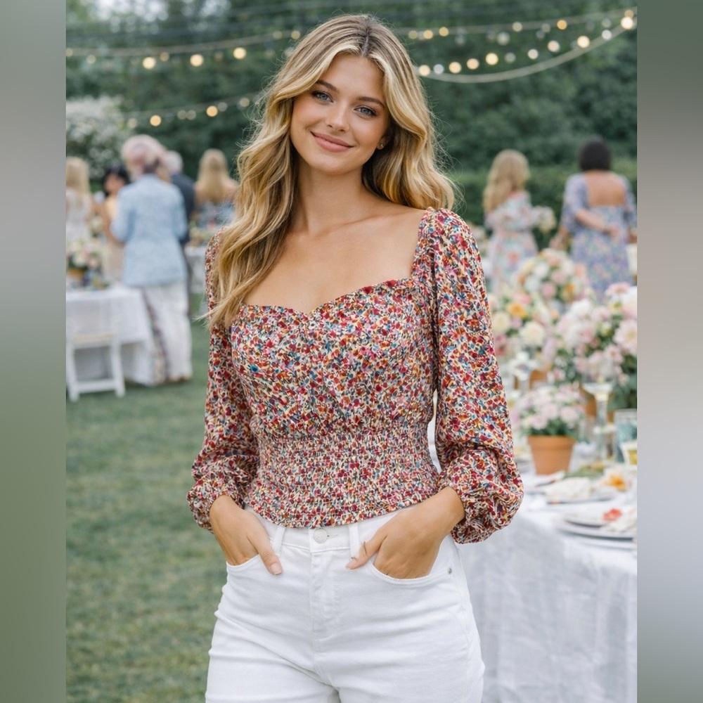 AFRM Floral Print Smocked Waist Crop Bohemian Hippie Western Top Shirt XL NWT